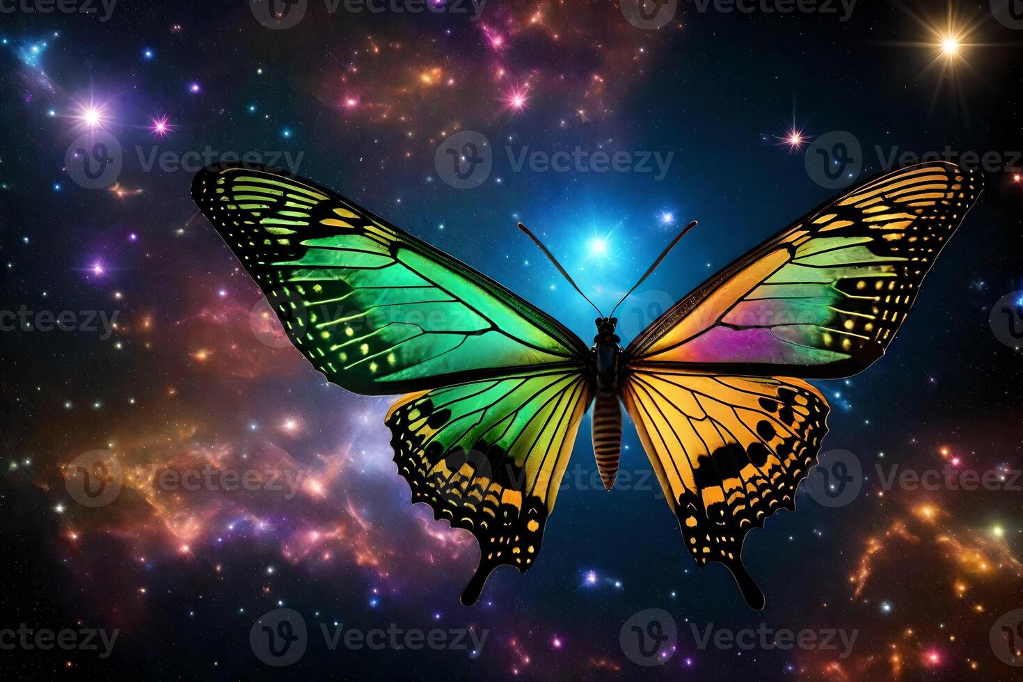A butterfly is flying in space with stars photo