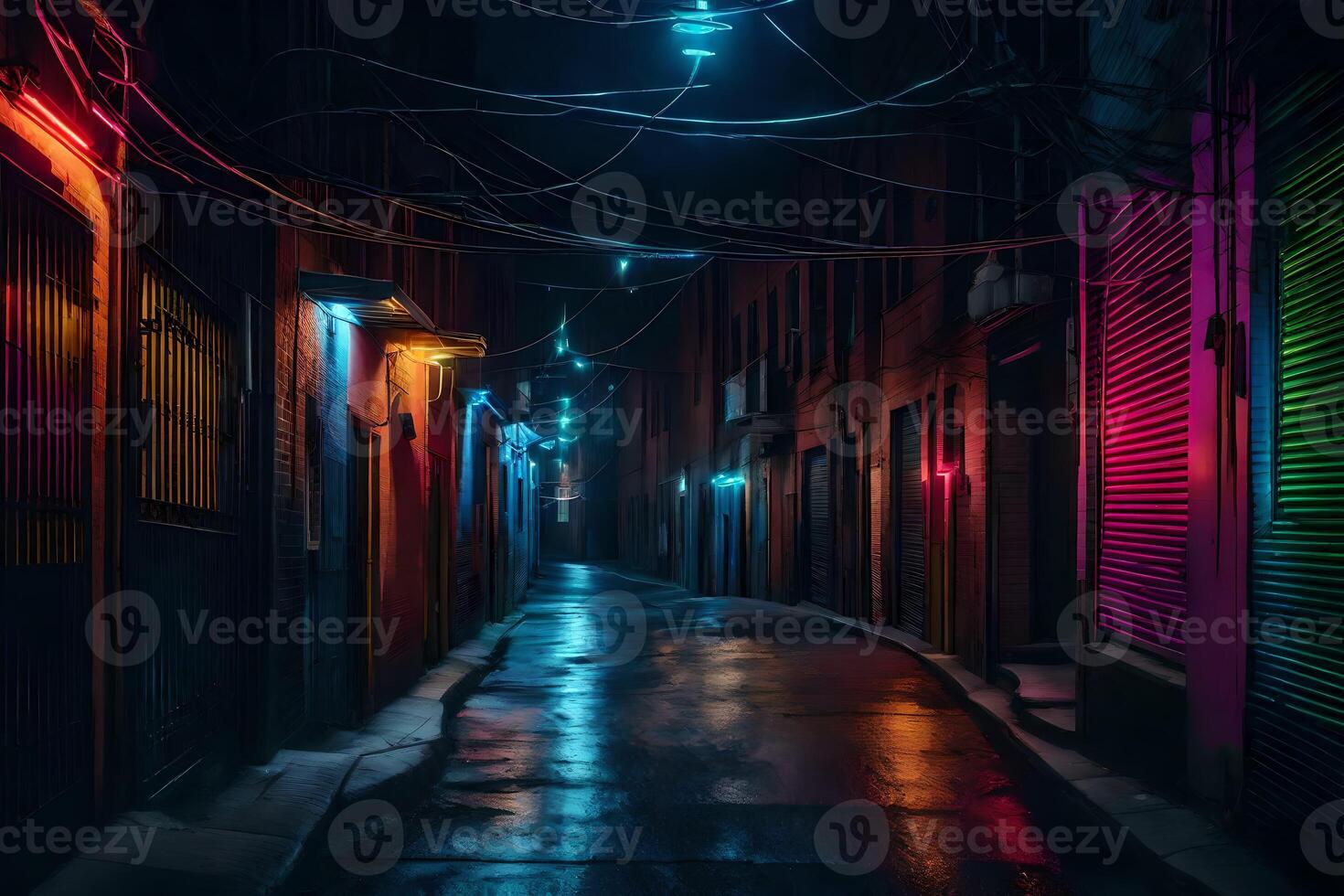 A dark alley with neon lights and street lights photo