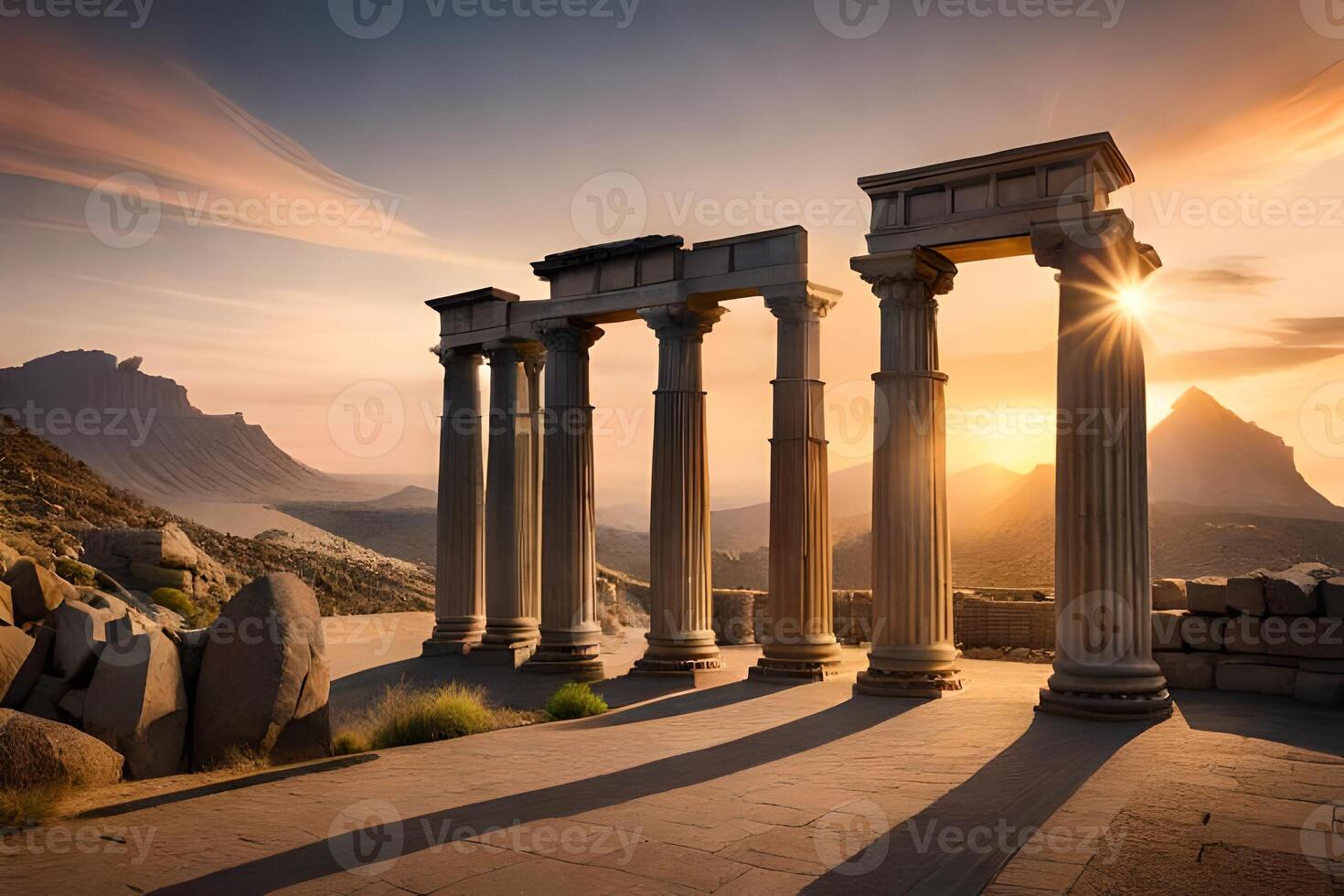 The sun sets behind the columns of an ancient temple photo