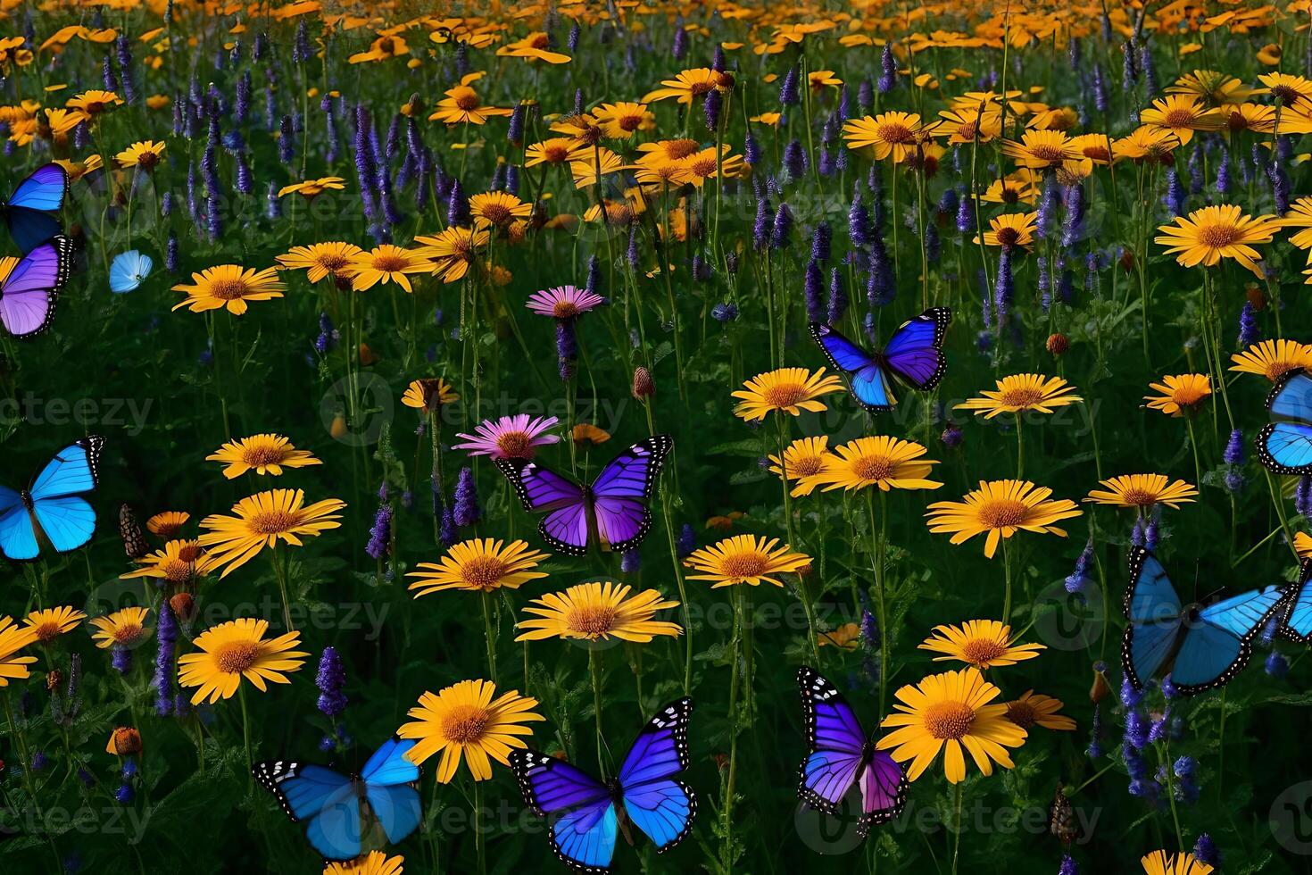 Butterflies flying over a field of yellow and purple flowers photo