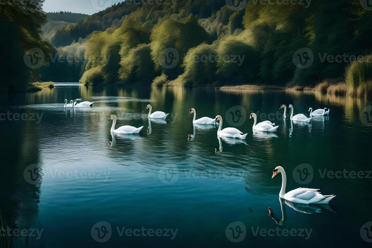 Swans on a lake in the forest photo