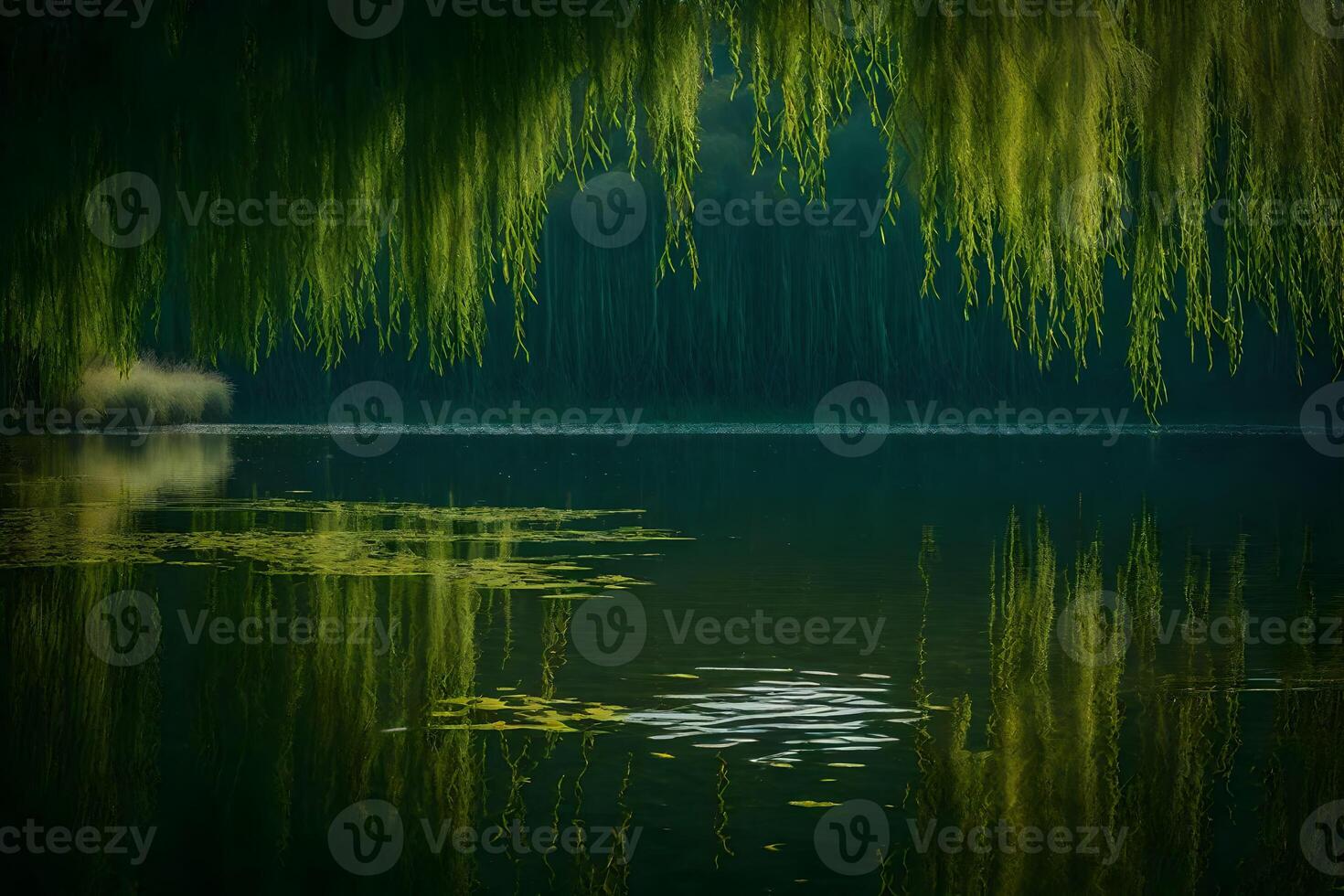A pond with green trees and water photo