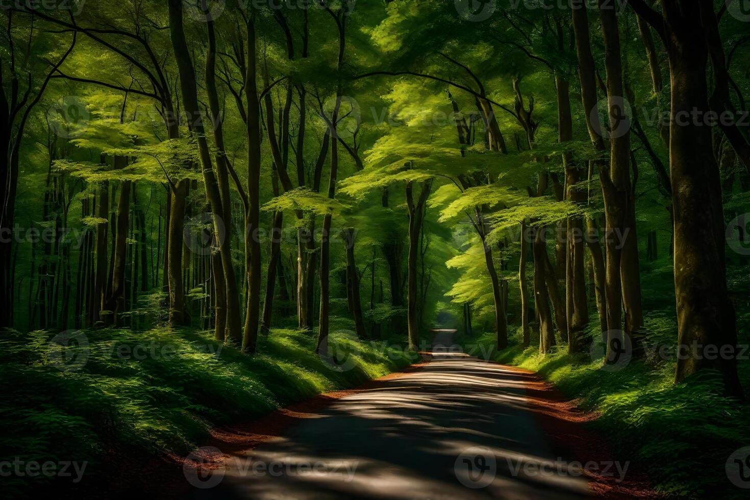 A long road through a green forest photo