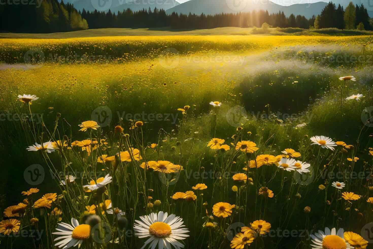 A field of wildflowers and a mountain in the background photo