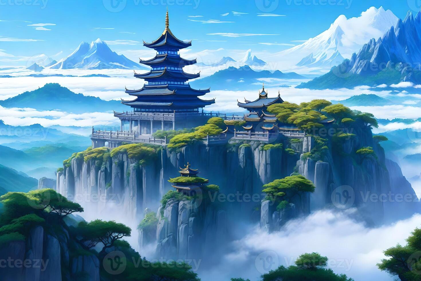 An asian castle in the mountains with clouds above photo