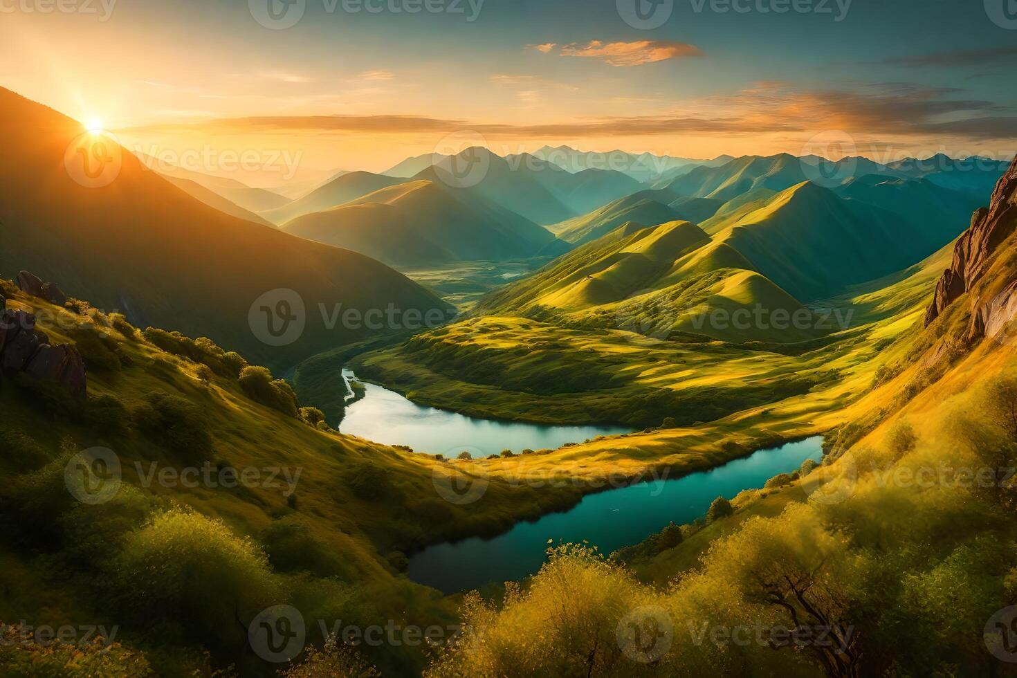 Beautiful landscape with mountains and a river at sunset photo