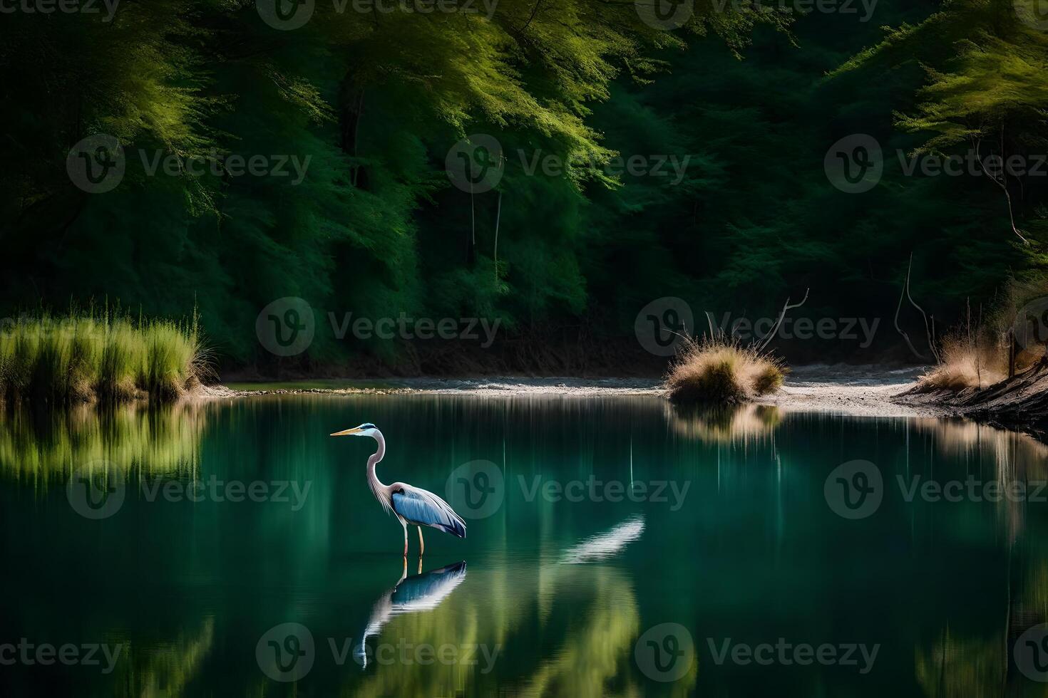 A heron stands in the water near a forest photo