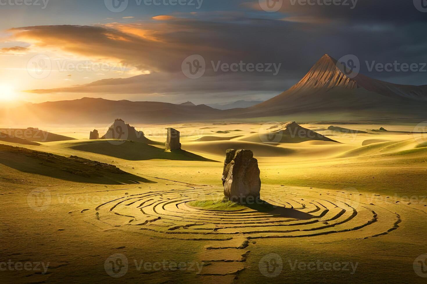 A large stone labyrinth in the middle of a field photo