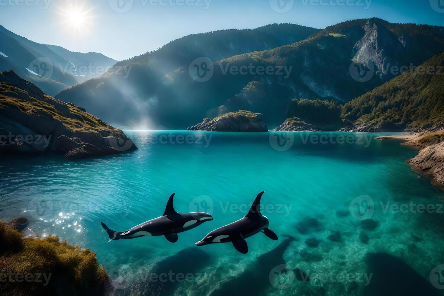 Two killer whales swimming in the ocean near mountains photo