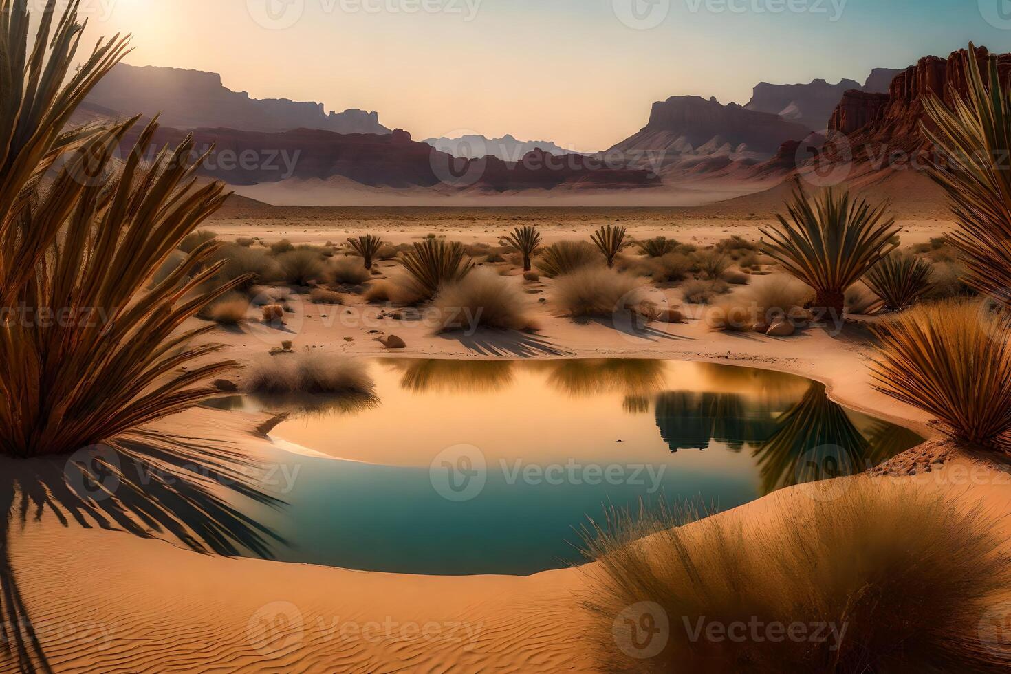 A desert landscape with a small pool in the middle photo