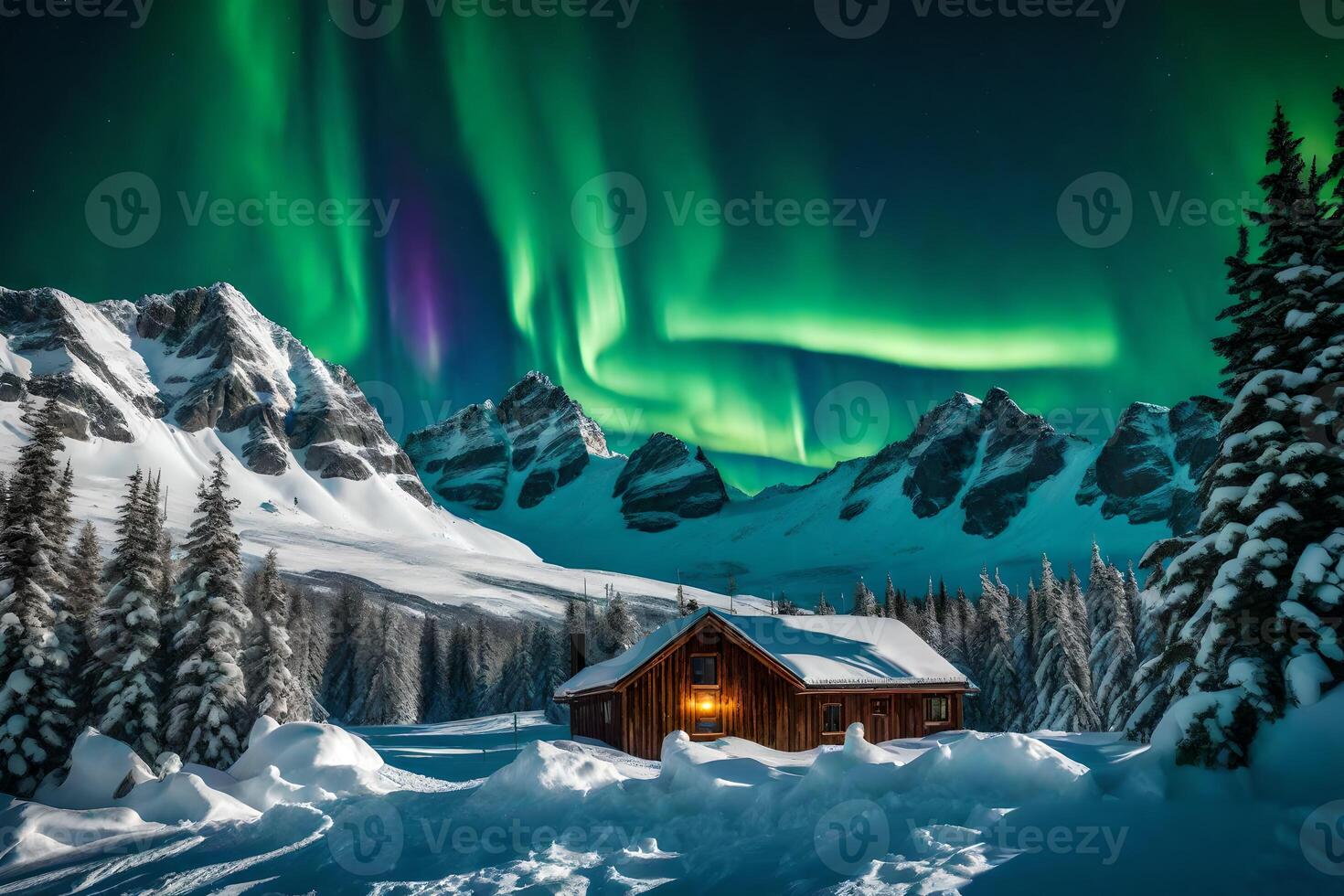 Aurora borealis over a cabin in the mountains photo