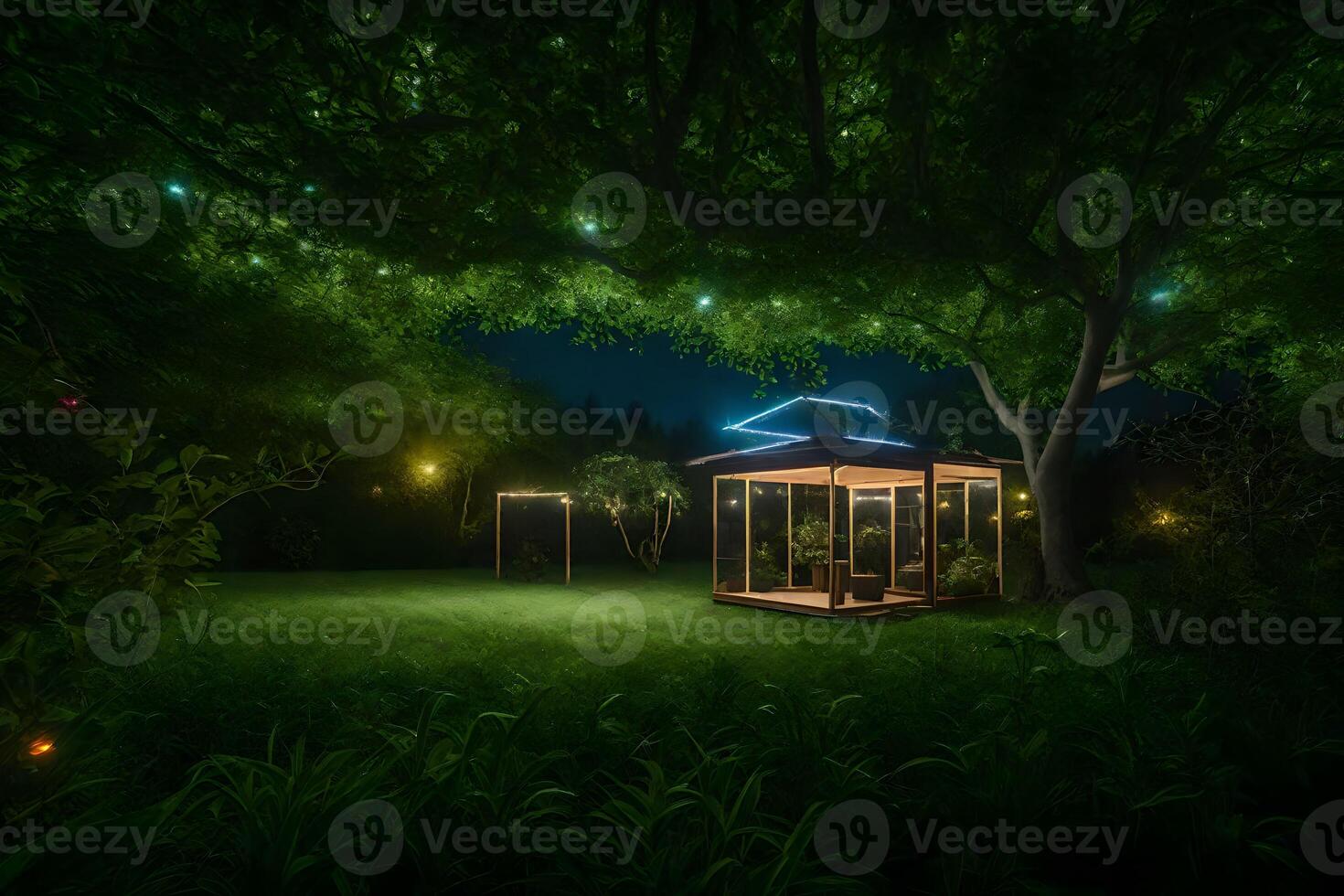A gazebo in the middle of a green field at night photo