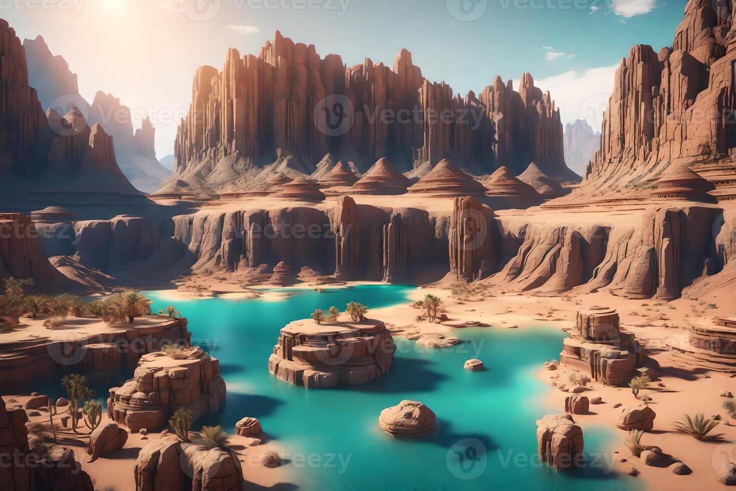 A desert landscape with blue water and rocks photo