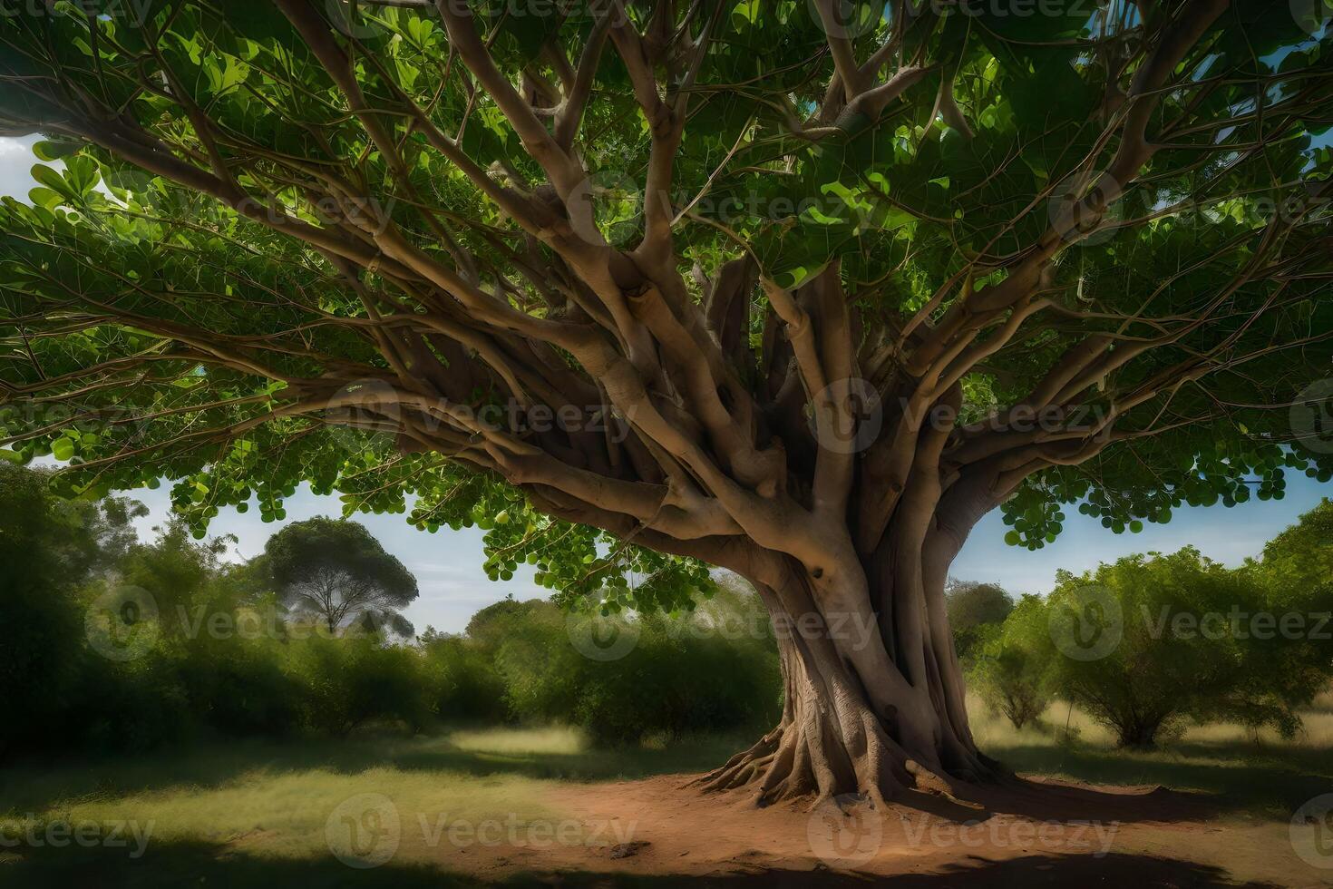 A large tree with many branches in the middle of a field photo