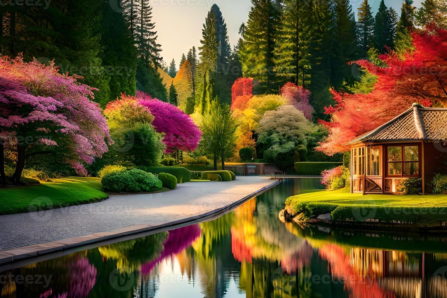 Colorful trees and a gazebo in a park photo