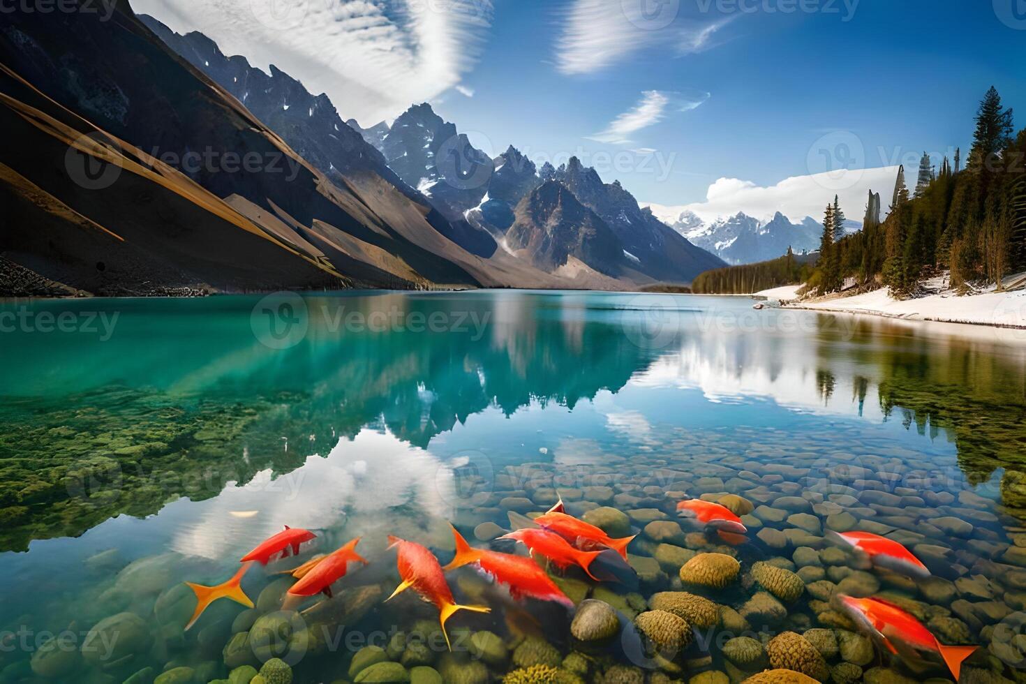 A lake with fish swimming in it and mountains in the background photo