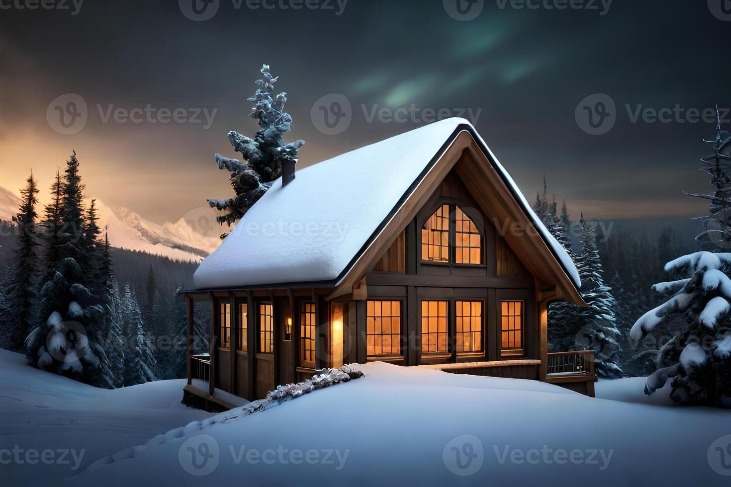 A small cabin in the snow with a mountain in the background photo