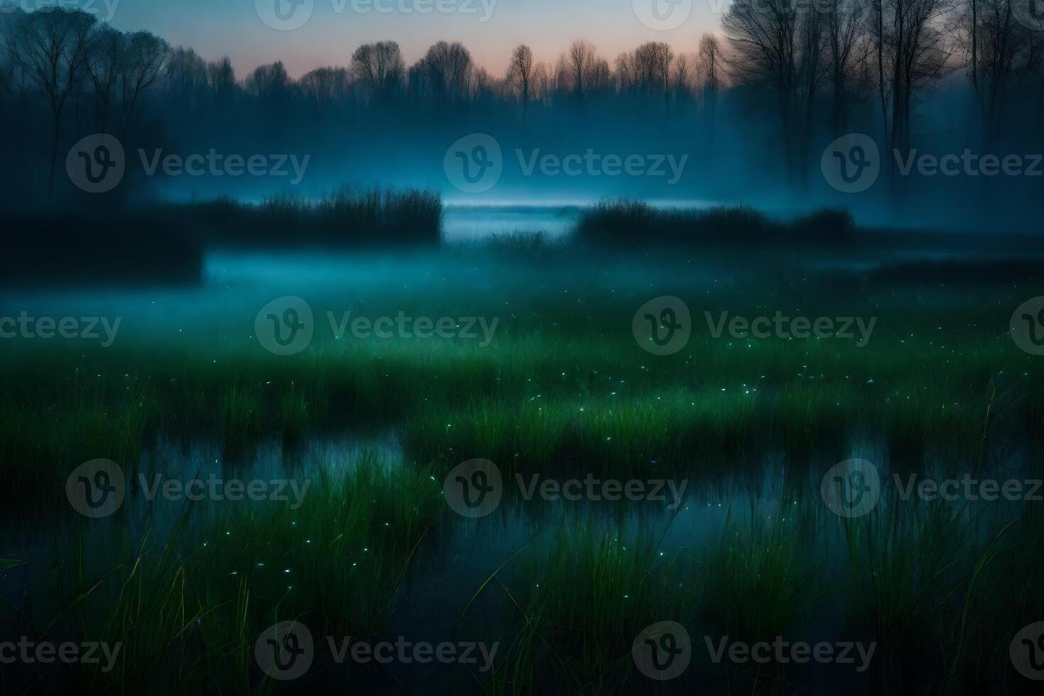 A misty landscape with grass and trees photo