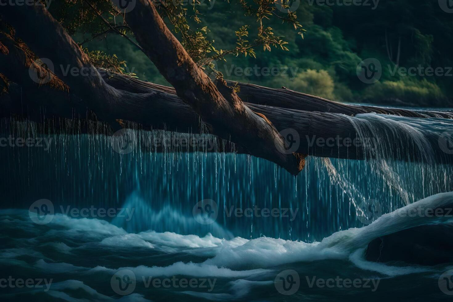 A waterfall flows over a fallen tree in the water photo
