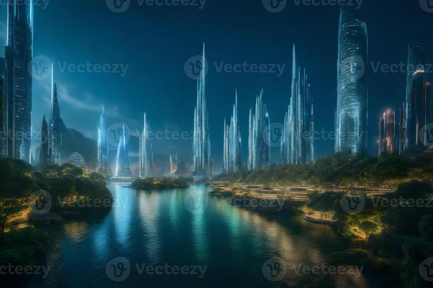 A futuristic city with tall buildings and water photo