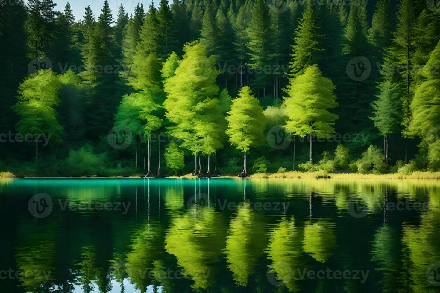Green trees are reflected in the water of a lake photo