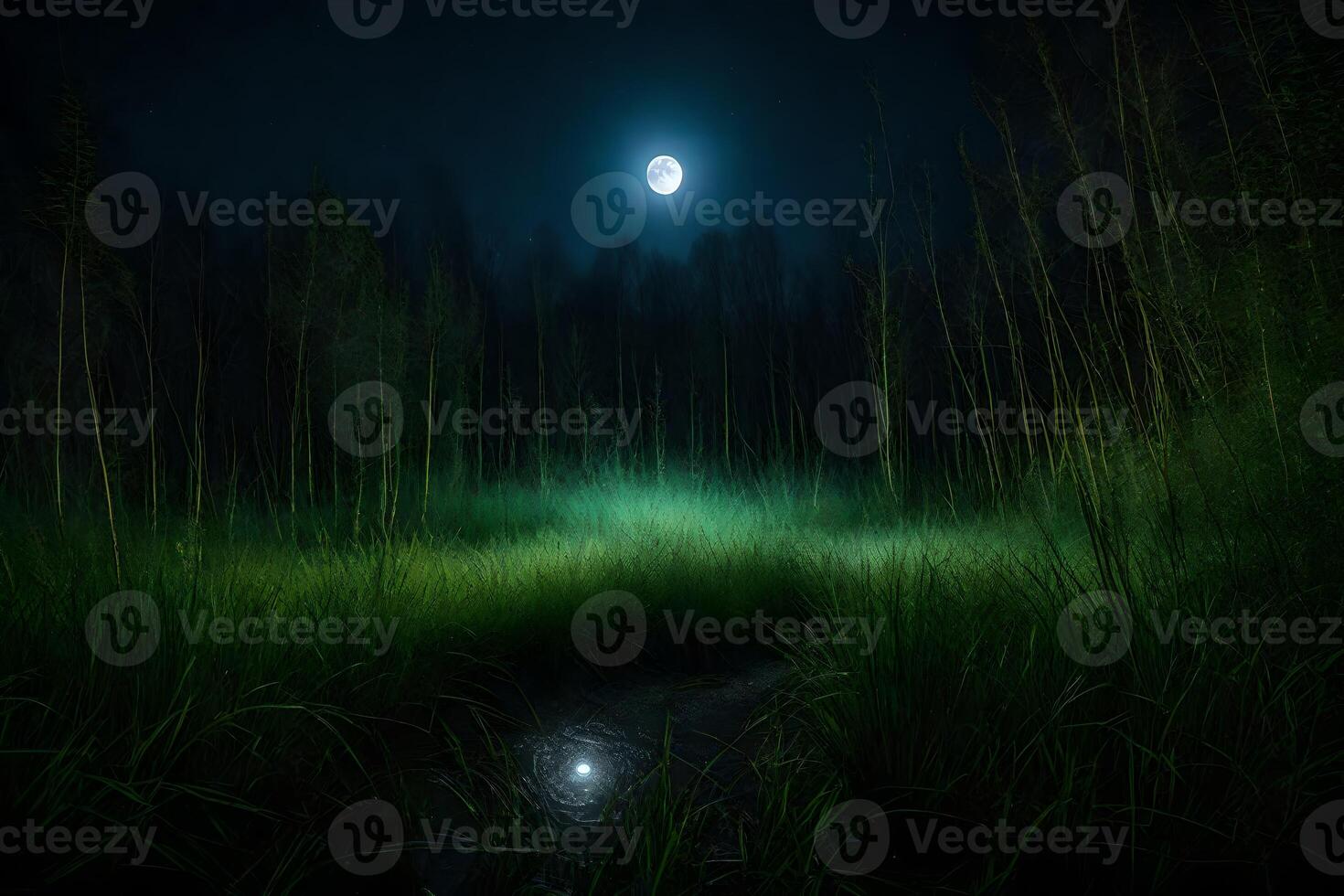 A moonlit forest with tall grass and trees photo