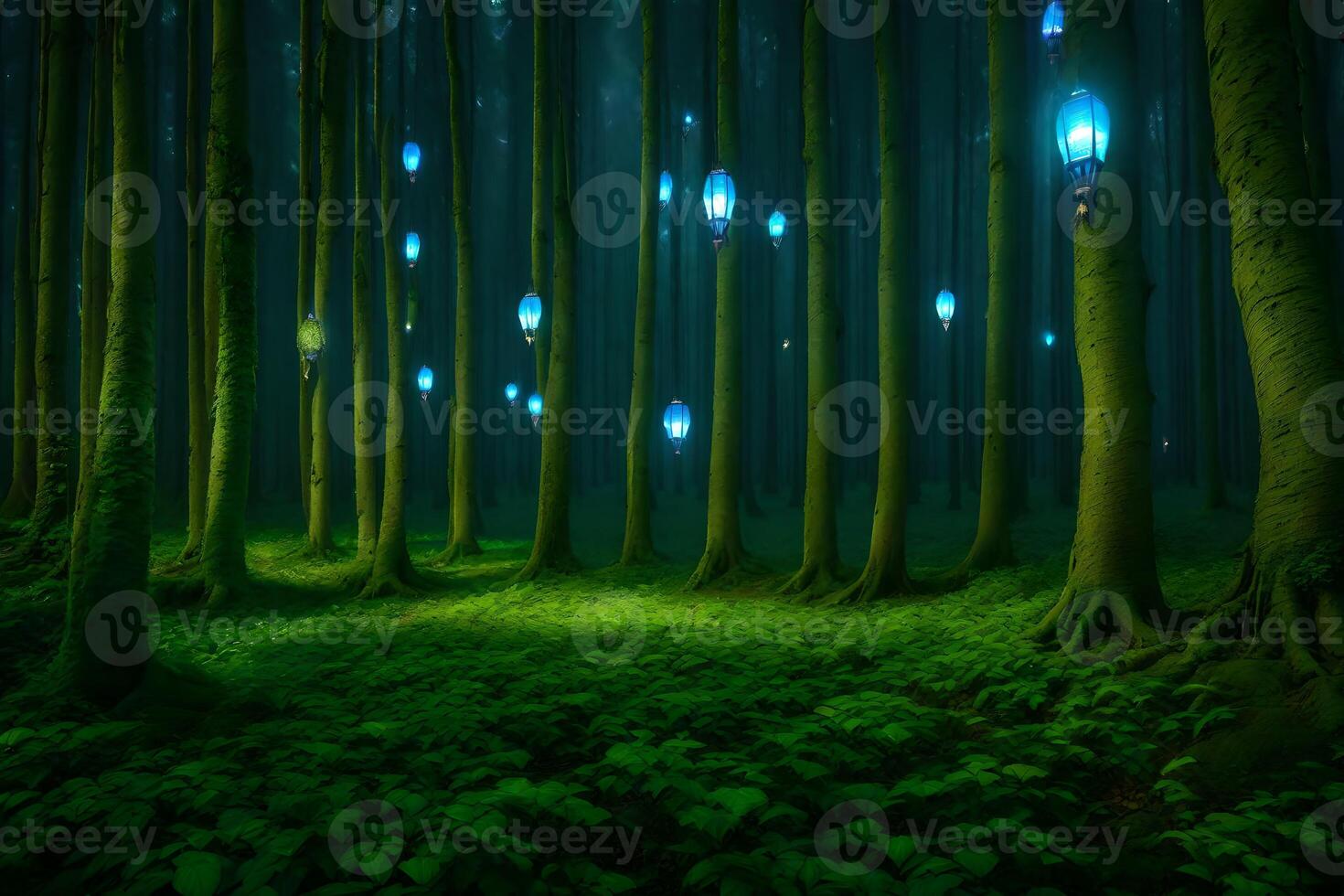 A forest with many glowing blue lights photo