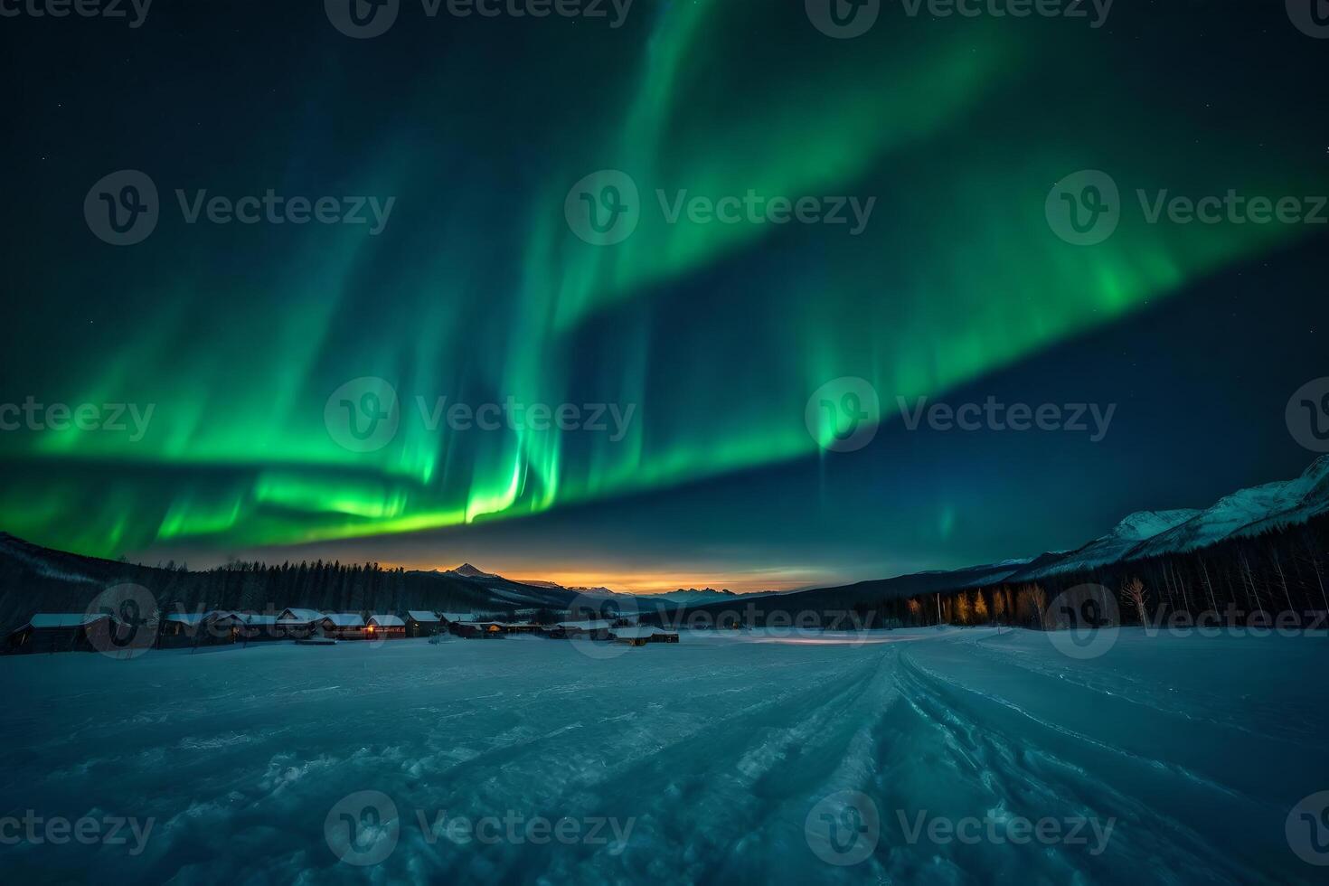Aurora borealis over the town of banff, alberta, canada photo