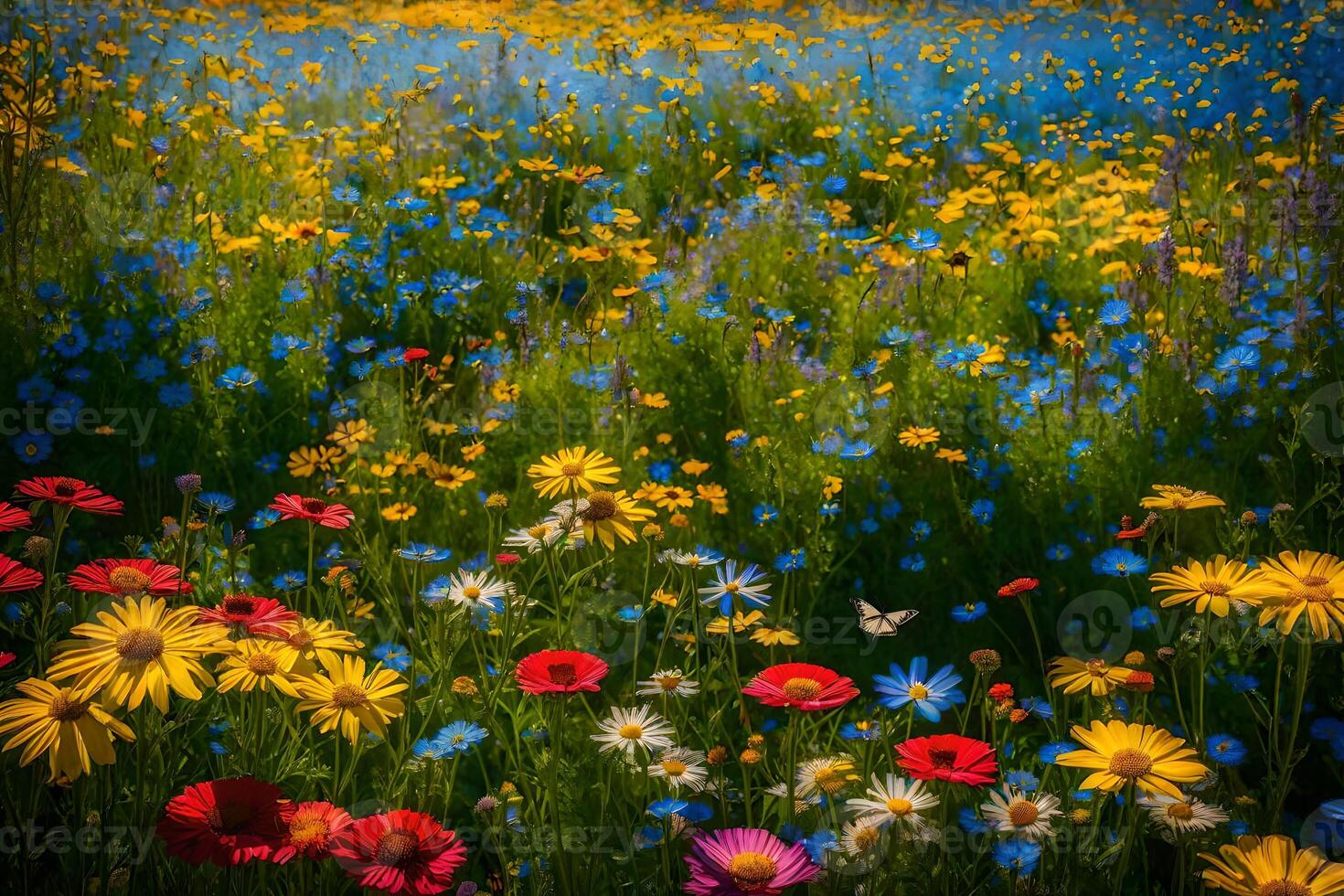 A field of wildflowers with blue, yellow and red flowers photo