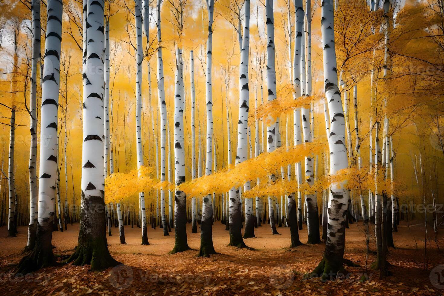 A forest with many birch trees in the fall photo