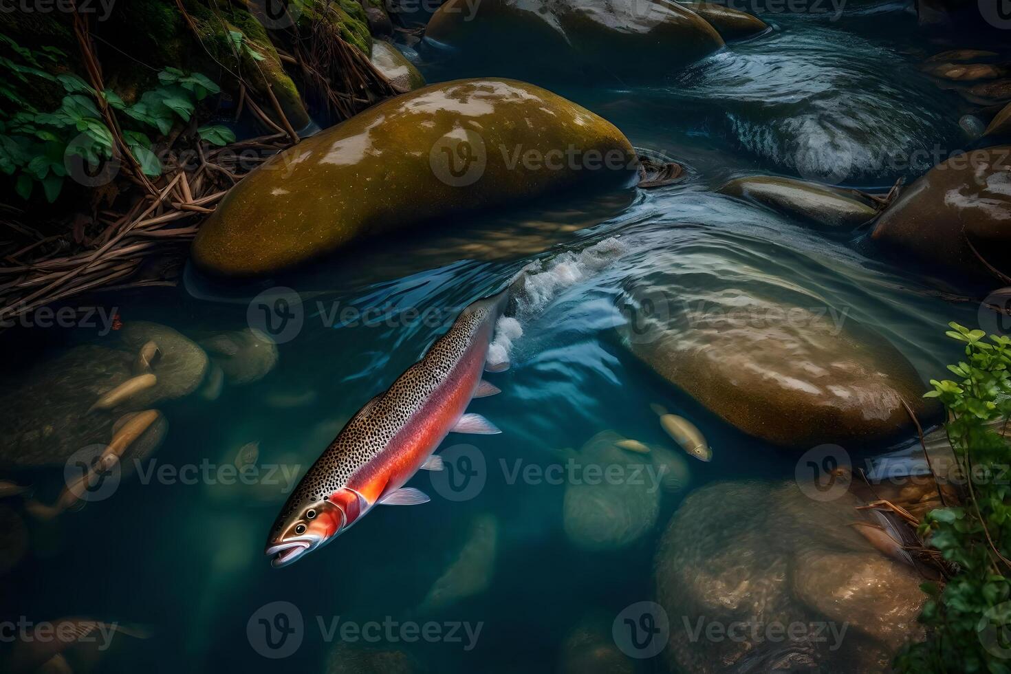 A salmon swimming in a stream surrounded by rocks photo