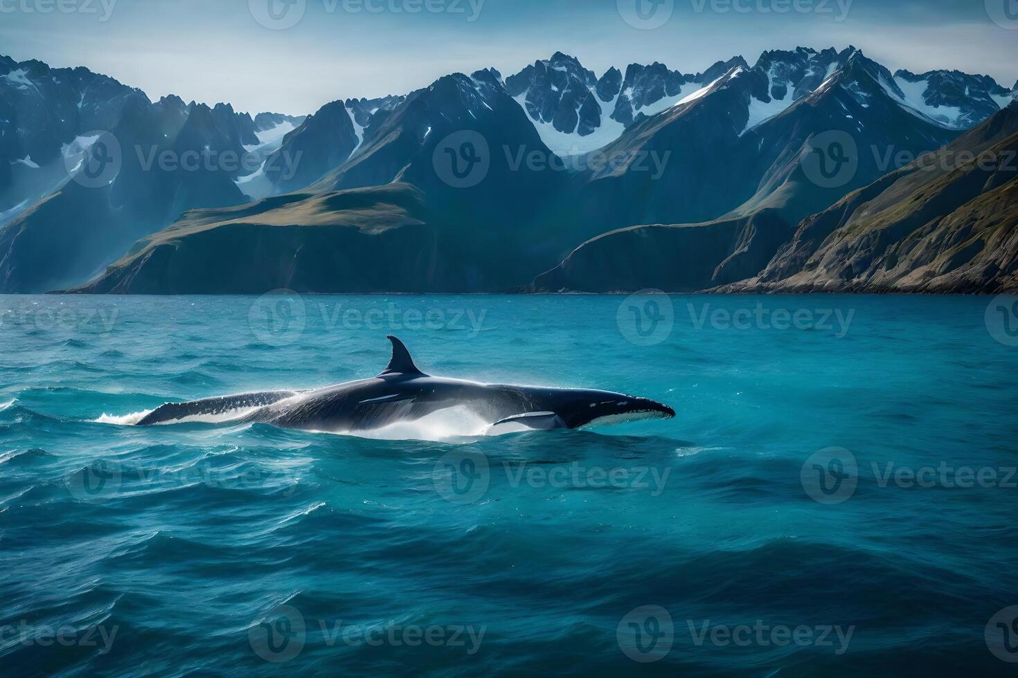 A whale is swimming in the ocean near mountains photo