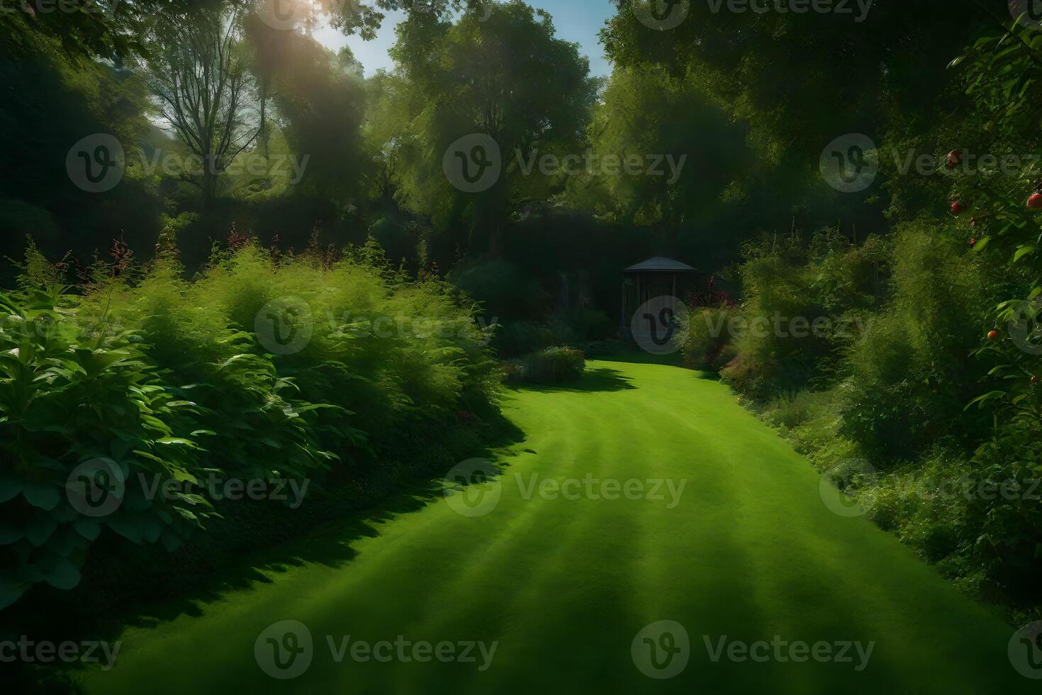 A green lawn with a path leading to a garden photo