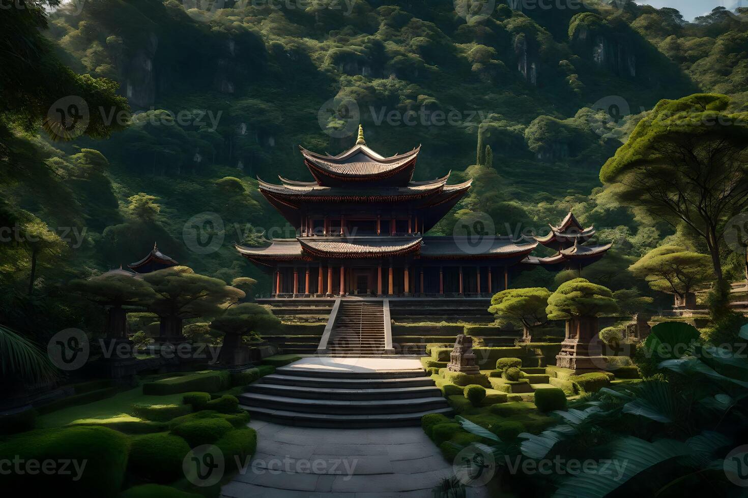 A chinese temple in the middle of a lush green forest photo