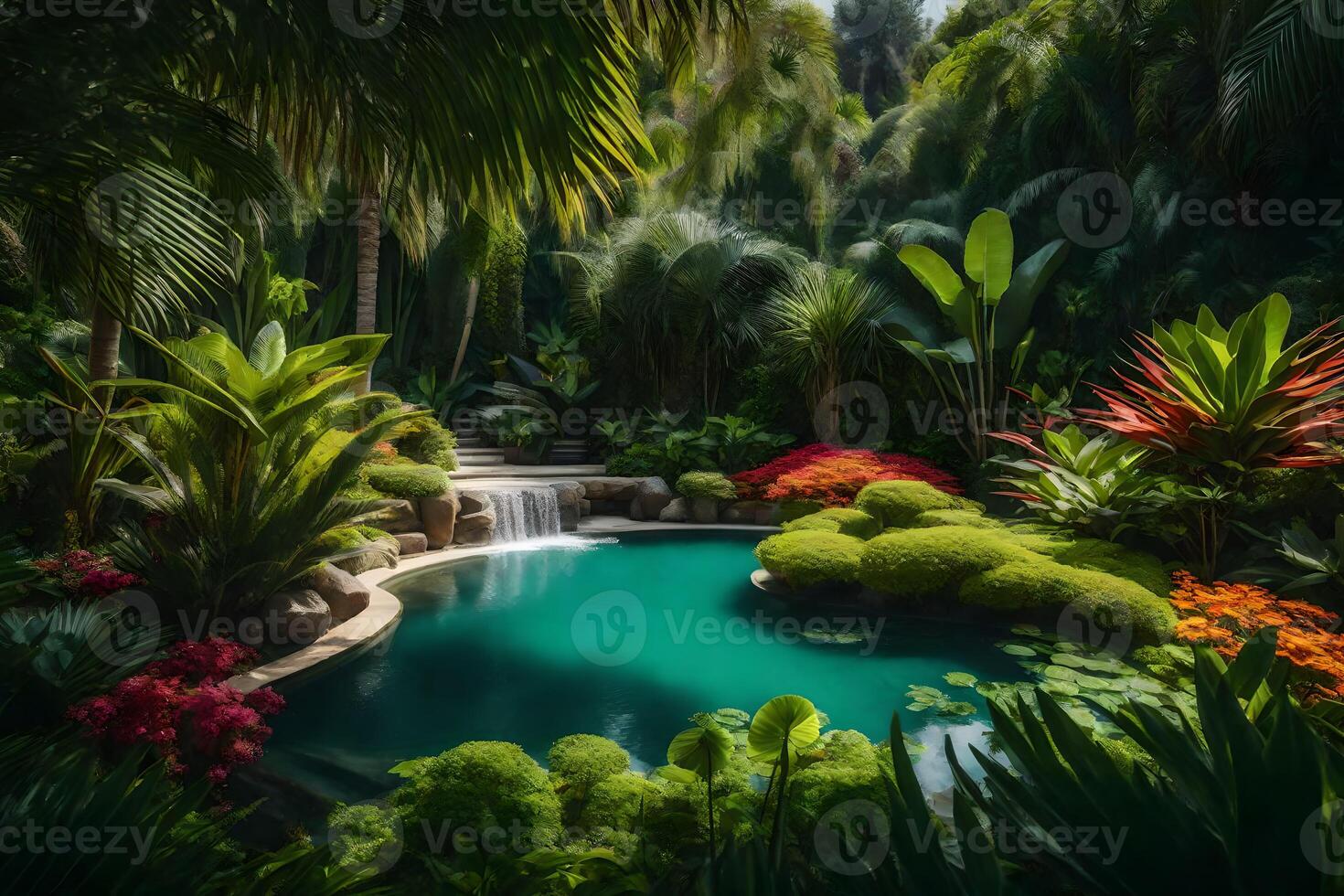 A tropical garden with a waterfall and lush plants photo