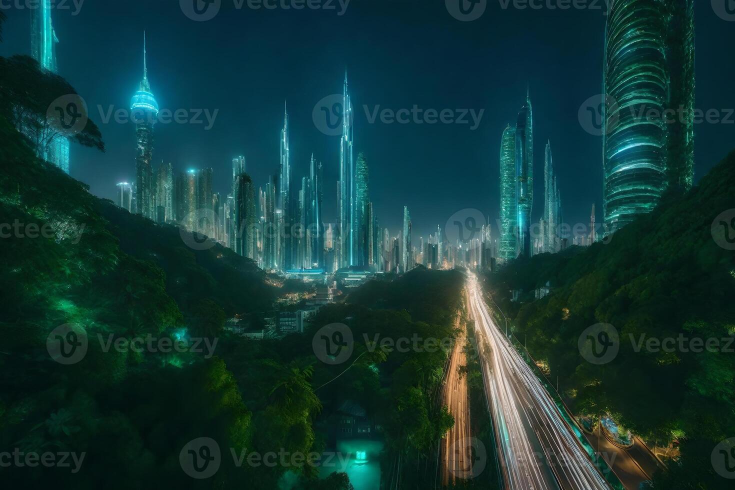 A city at night with green lights and tall buildings photo