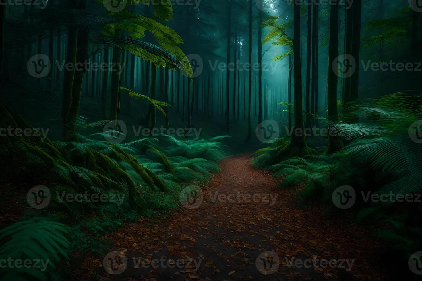 A path through a forest with ferns and trees photo
