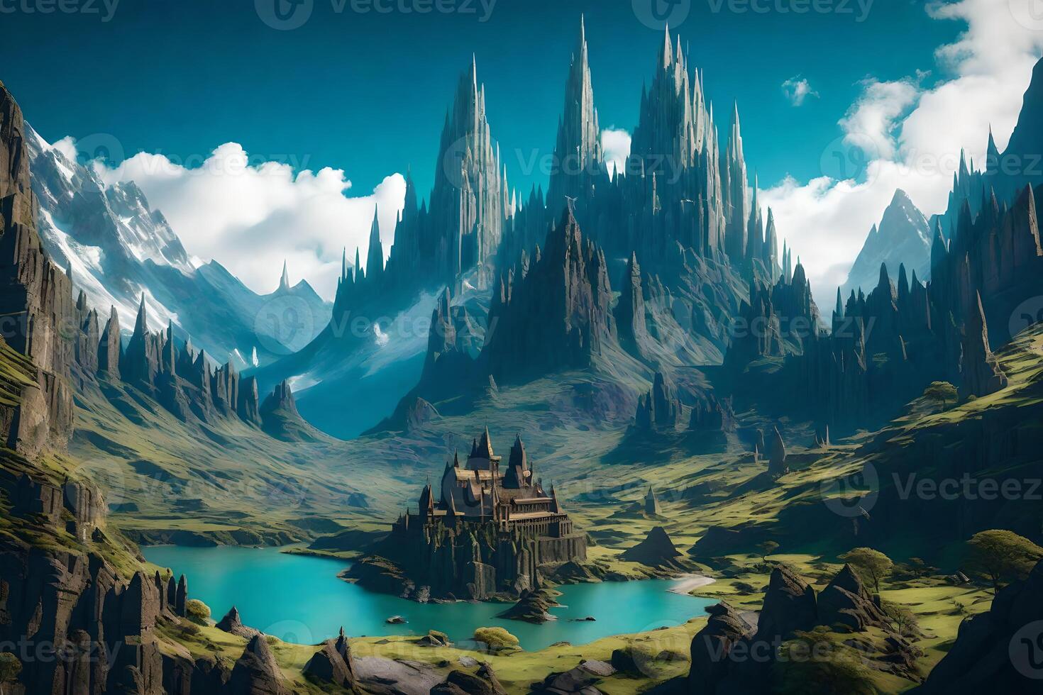A fantasy landscape with mountains and water photo