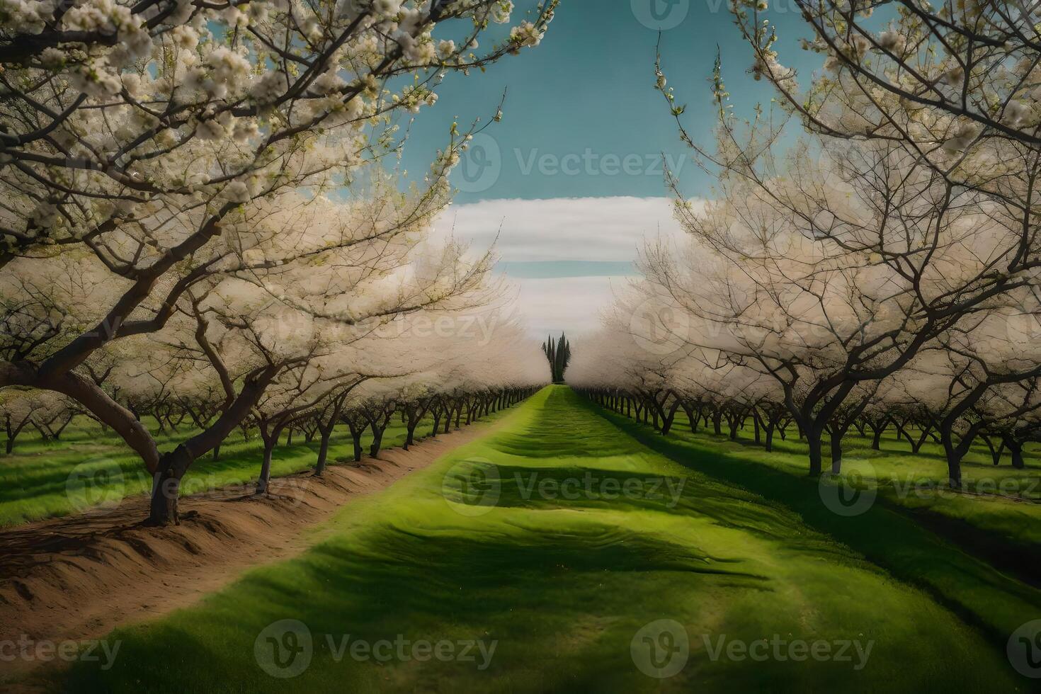 An almond orchard with trees in bloom photo