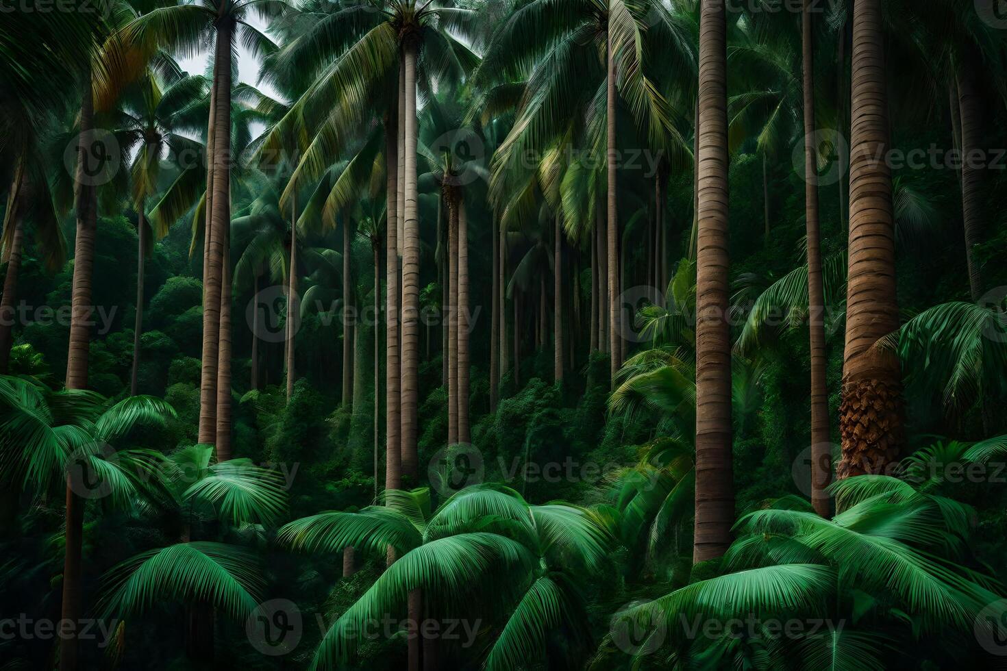 A tropical forest with tall palm trees photo