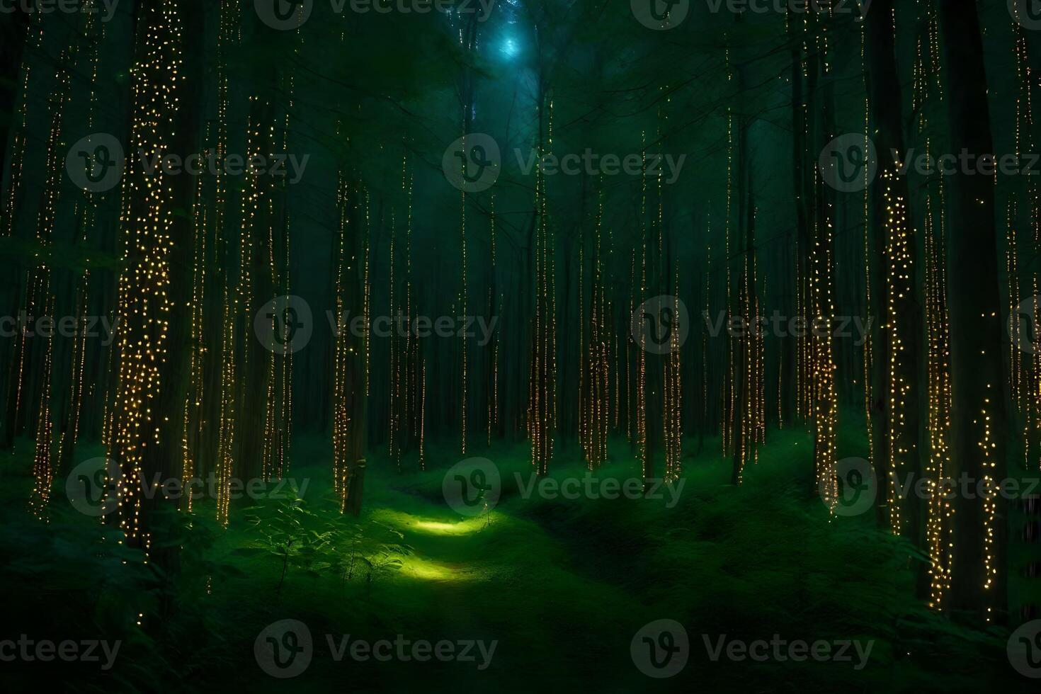 A path through a forest with lights in the trees photo