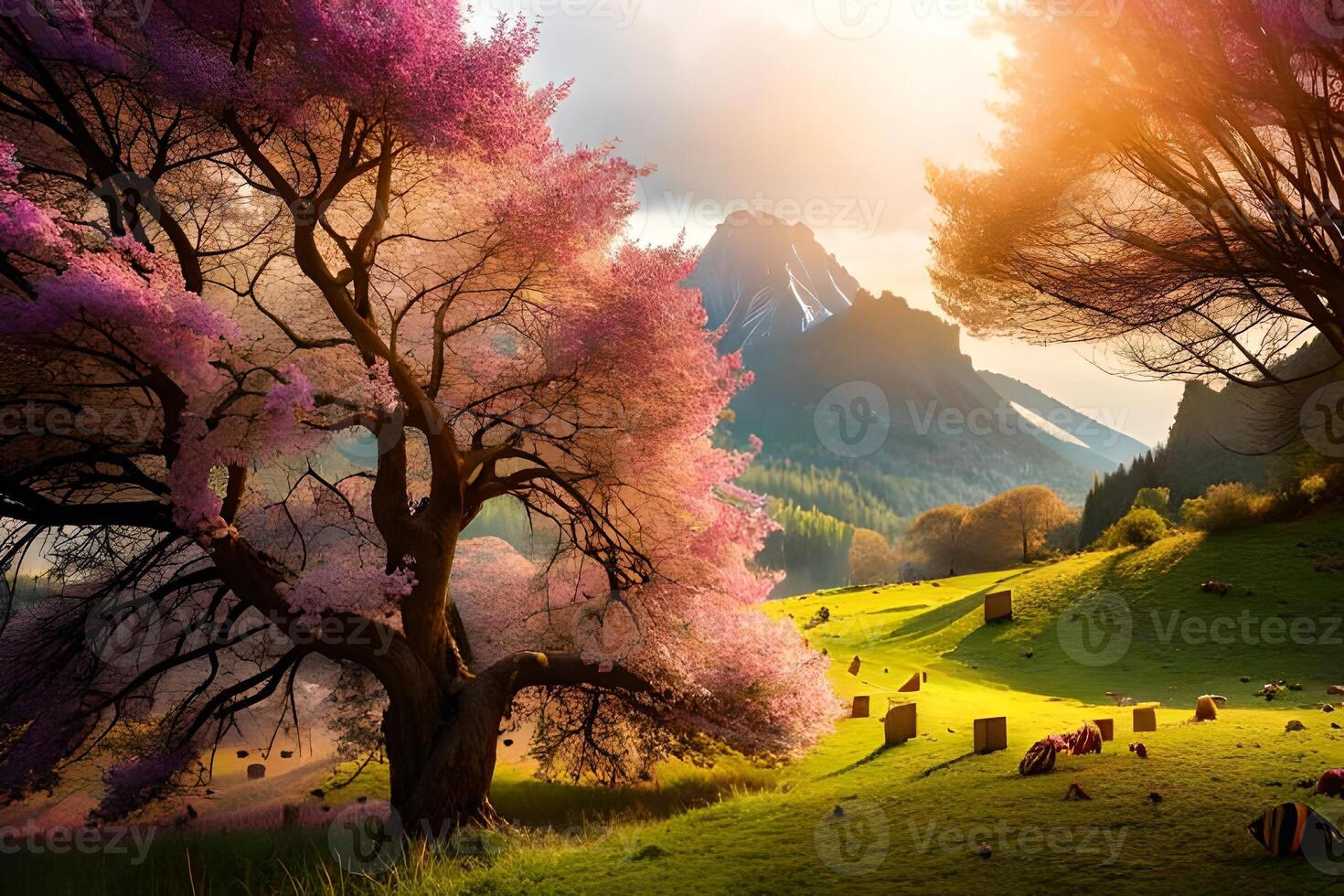 A beautiful landscape with trees and flowers photo