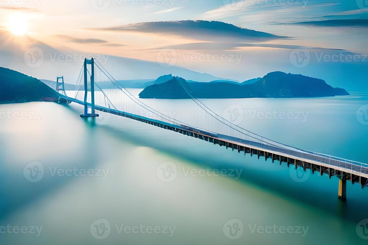 Long exposure of a bridge spanning over the ocean photo