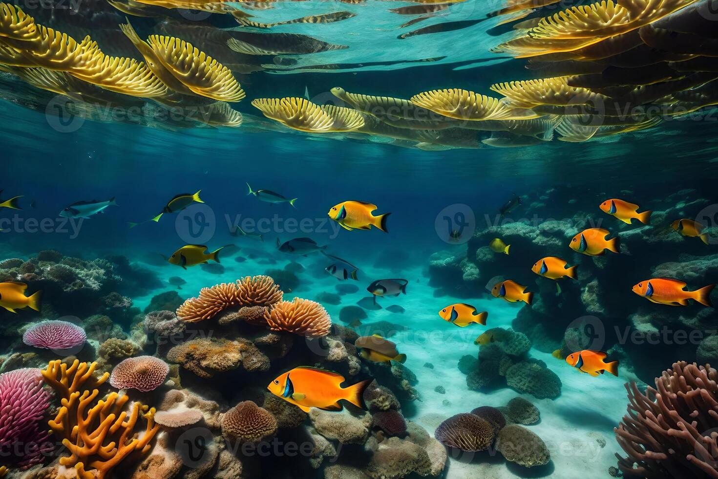 Underwater scene with colorful fish and coral reef photo