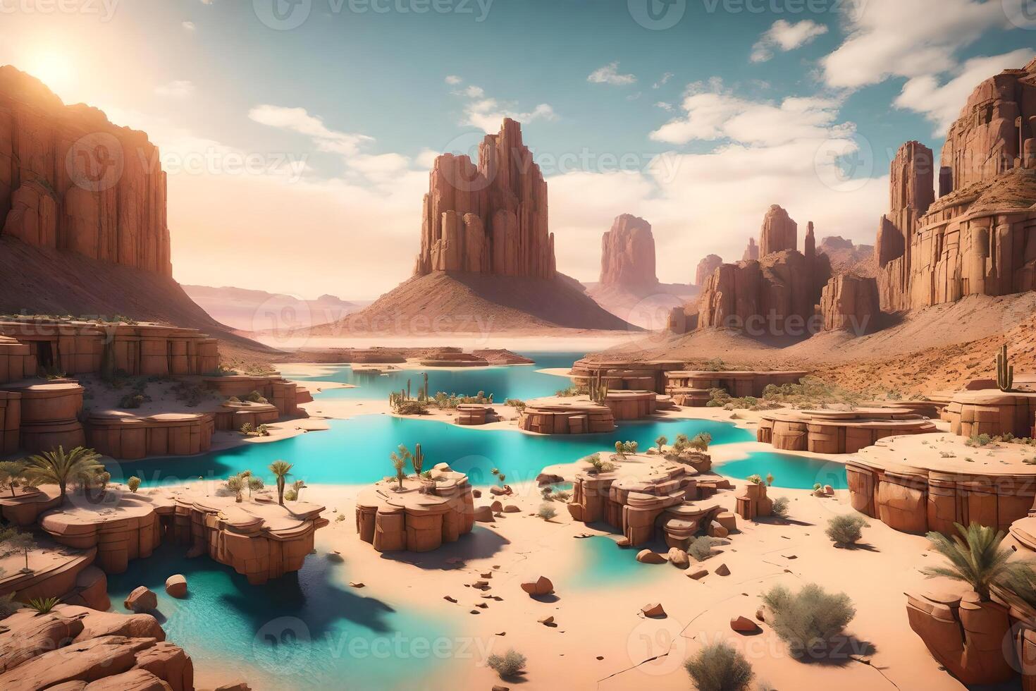 The desert landscape is shown in this 3d rendering photo