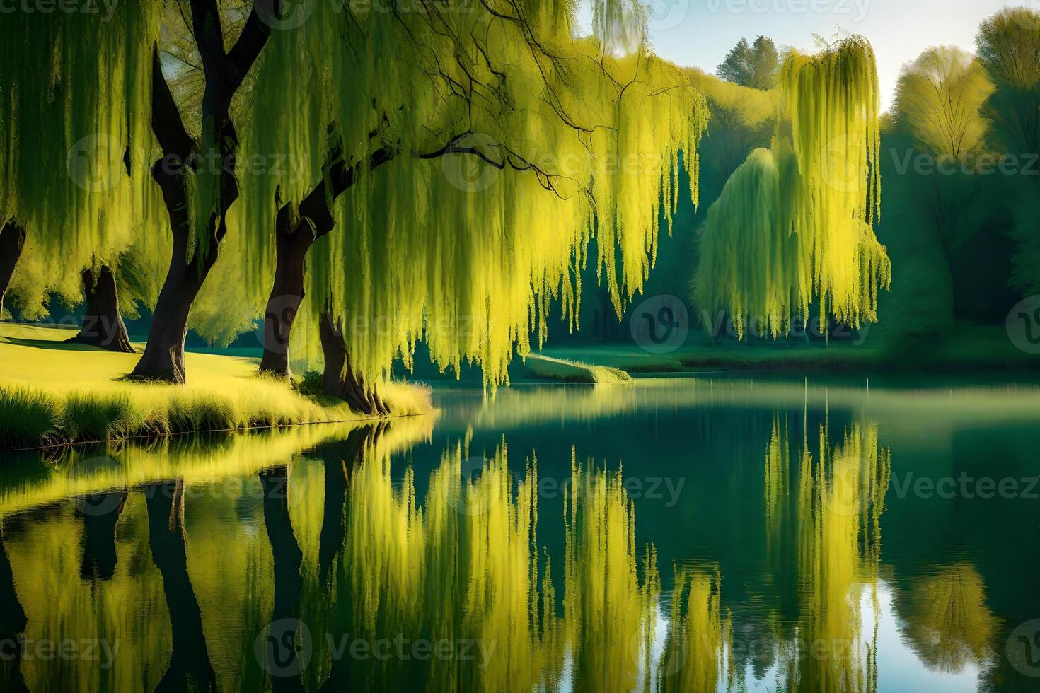 Willow trees are reflected in the water of a lake photo