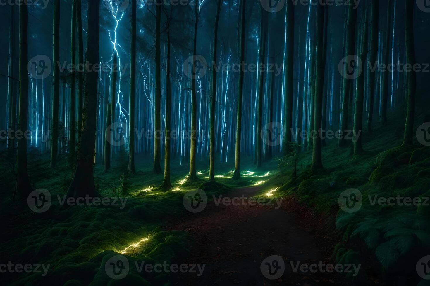 A path through the woods at night with glowing lights photo