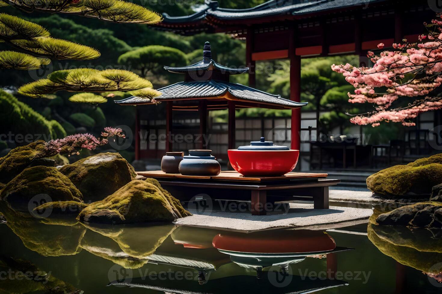 A japanese garden with a red pot and a pond photo