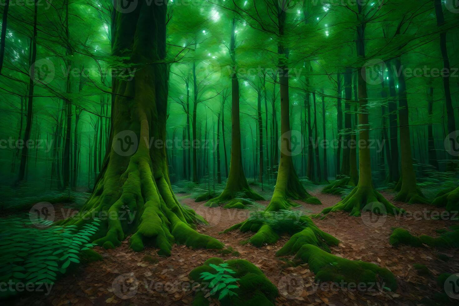 A green forest with many trees and green moss photo