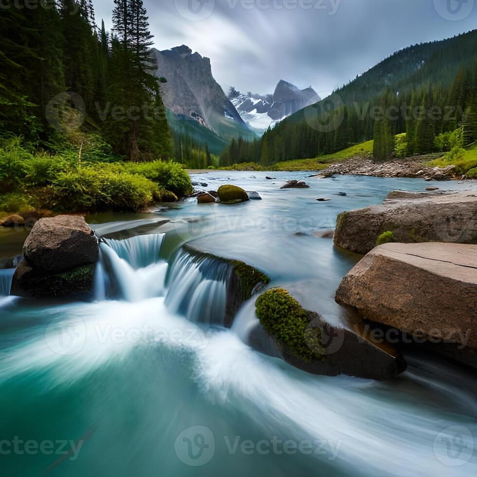 A river flowing through a mountain range with rocks and trees photo